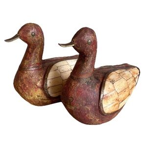 Vtg Pair Wooden Duck with Inlay Wings Brass Copper Trim Cottage Provincial Decor